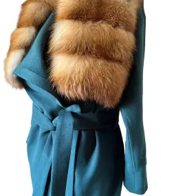 Green Wrap Elegant Women coat, Long Belted Feminine Overcoat Trim Fox Fur, Event  Woolen blend Coat Wrap
