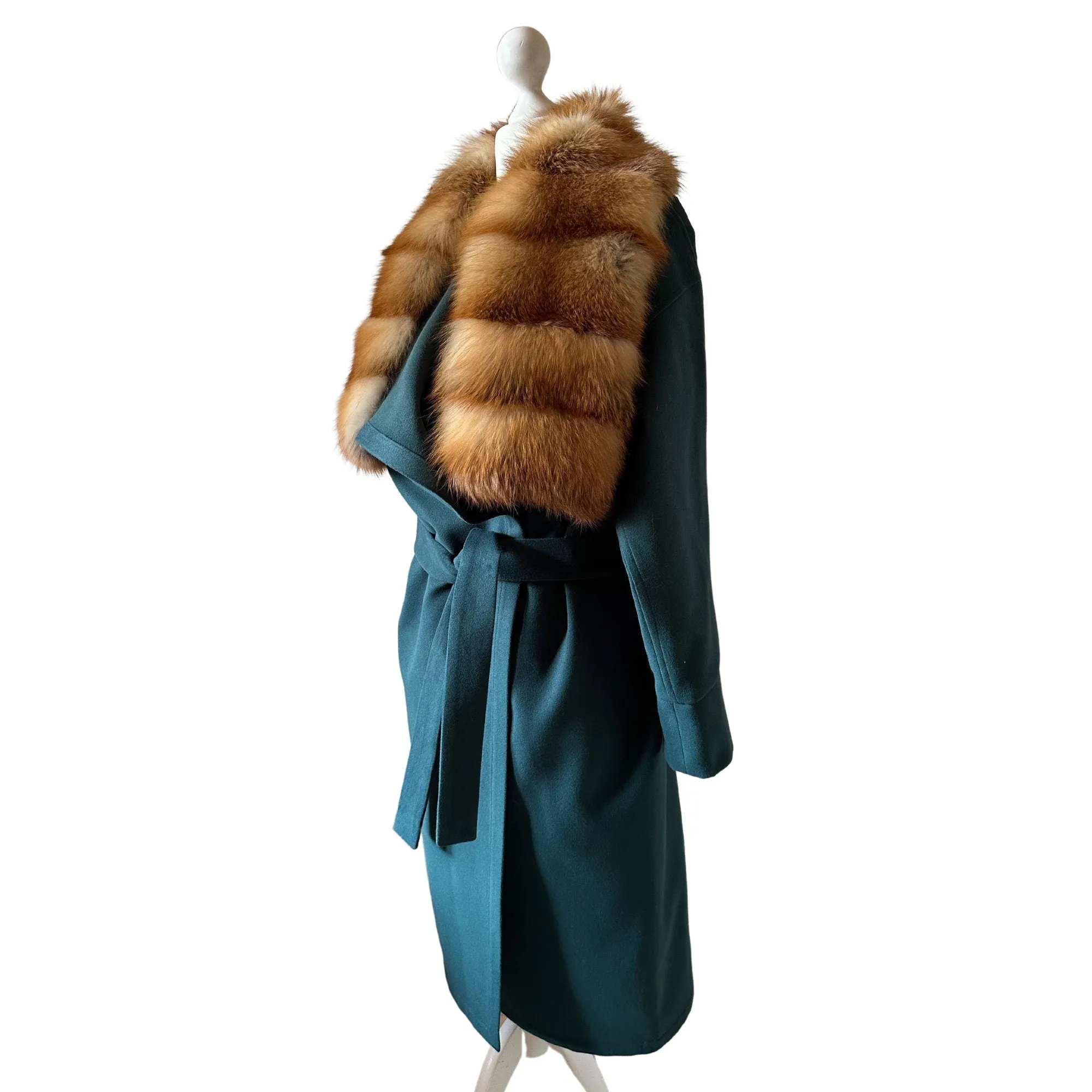 Green Wrap Elegant Women coat, Long Belted Feminine Overcoat Trim Fox Fur, Event  Woolen blend Coat Wrap
