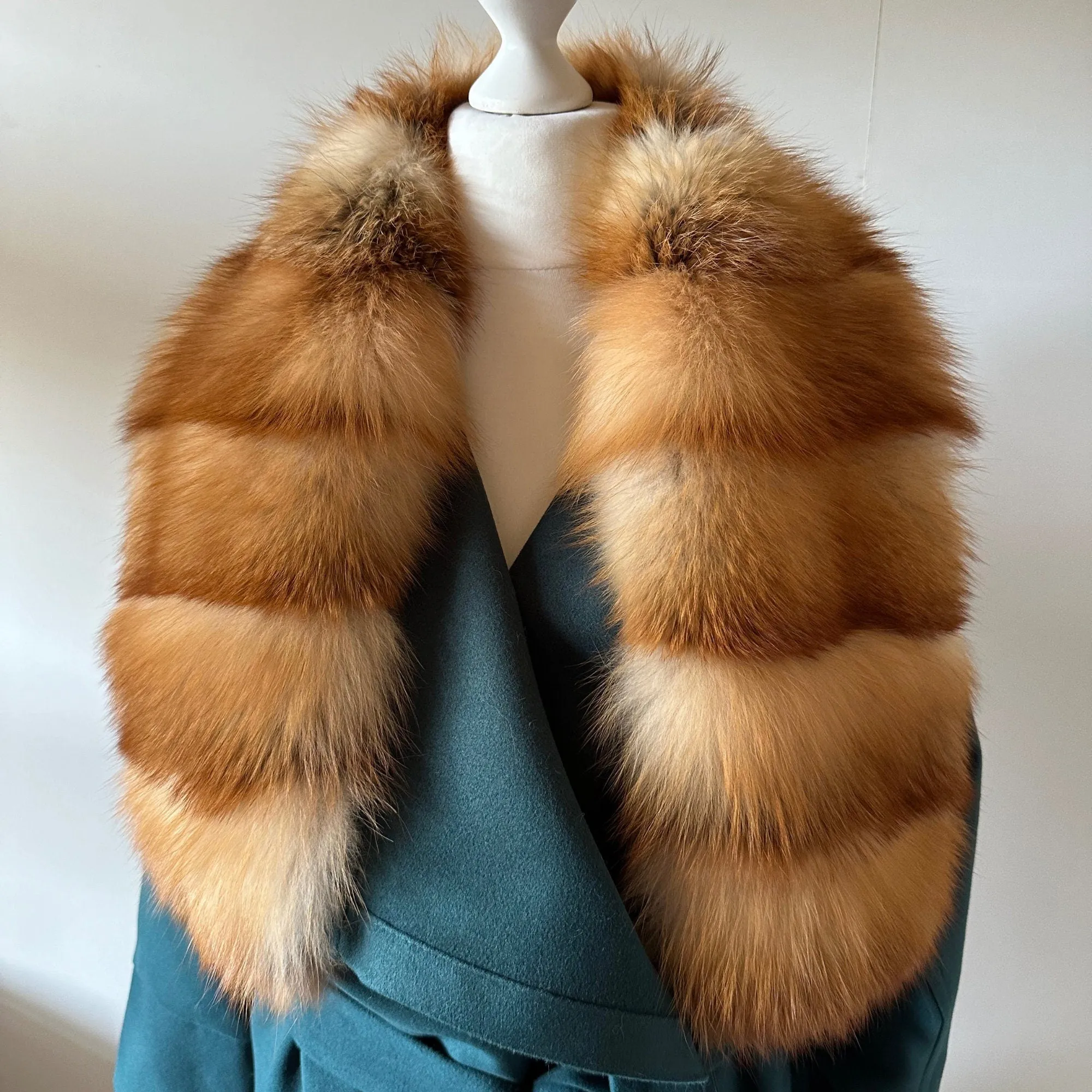 Green Wrap Elegant Women coat, Long Belted Feminine Overcoat Trim Fox Fur, Event  Woolen blend Coat Wrap