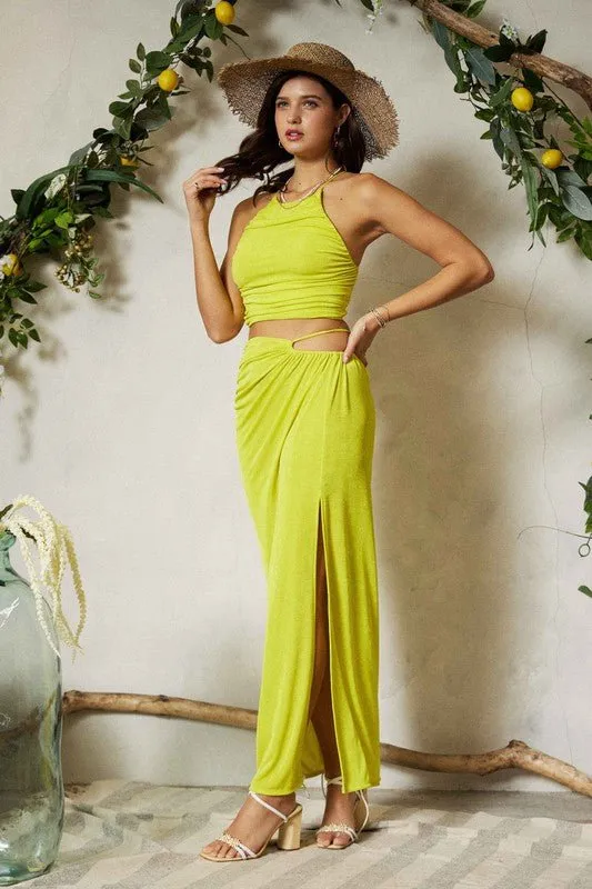 Green Yellow Waist Shirring Cutout Maxi Skirt