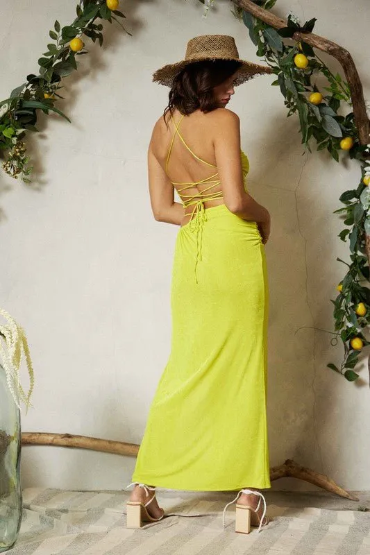 Green Yellow Waist Shirring Cutout Maxi Skirt