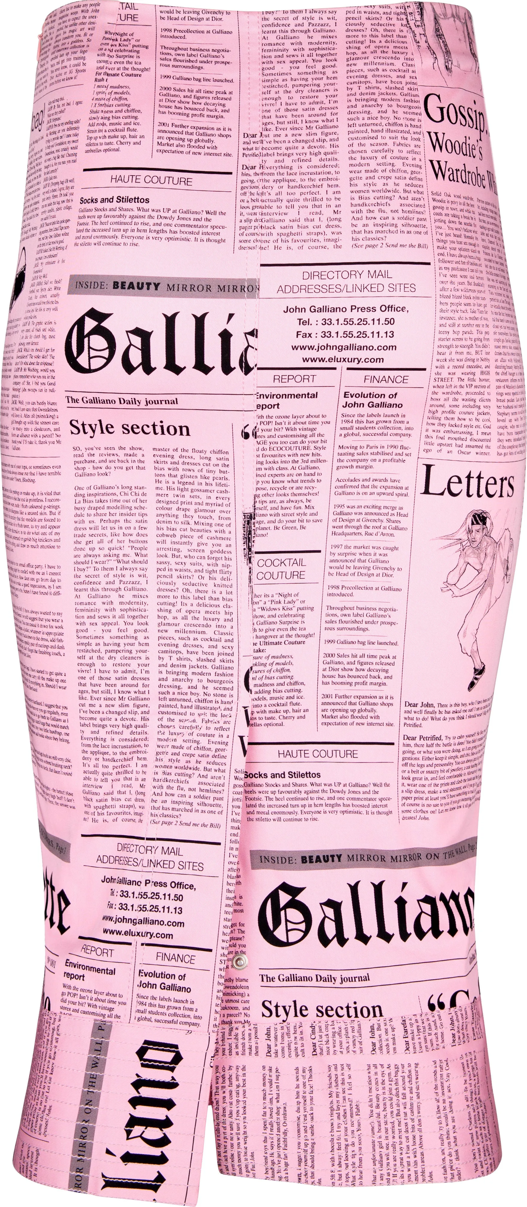 John Galliano Gazette Newspaper Pink Pencil Skirt