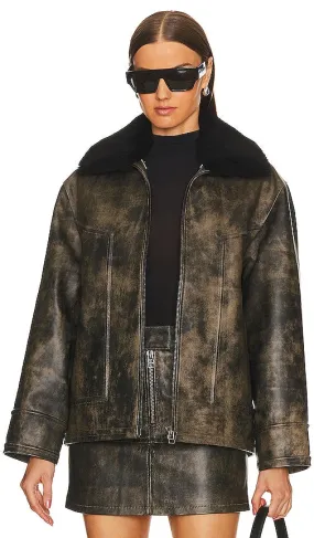 KULAKOVSKY Oversized Leather Bomber Jacket in Brown