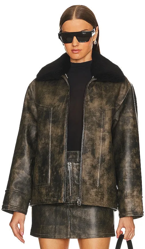 KULAKOVSKY Oversized Leather Bomber Jacket in Brown