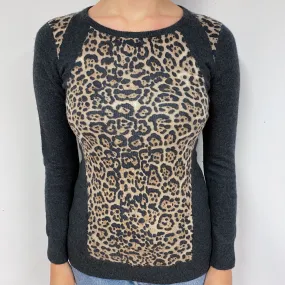 Leopard Print Brown and Charcoal Grey Cashmere Crew Neck Jumper Small