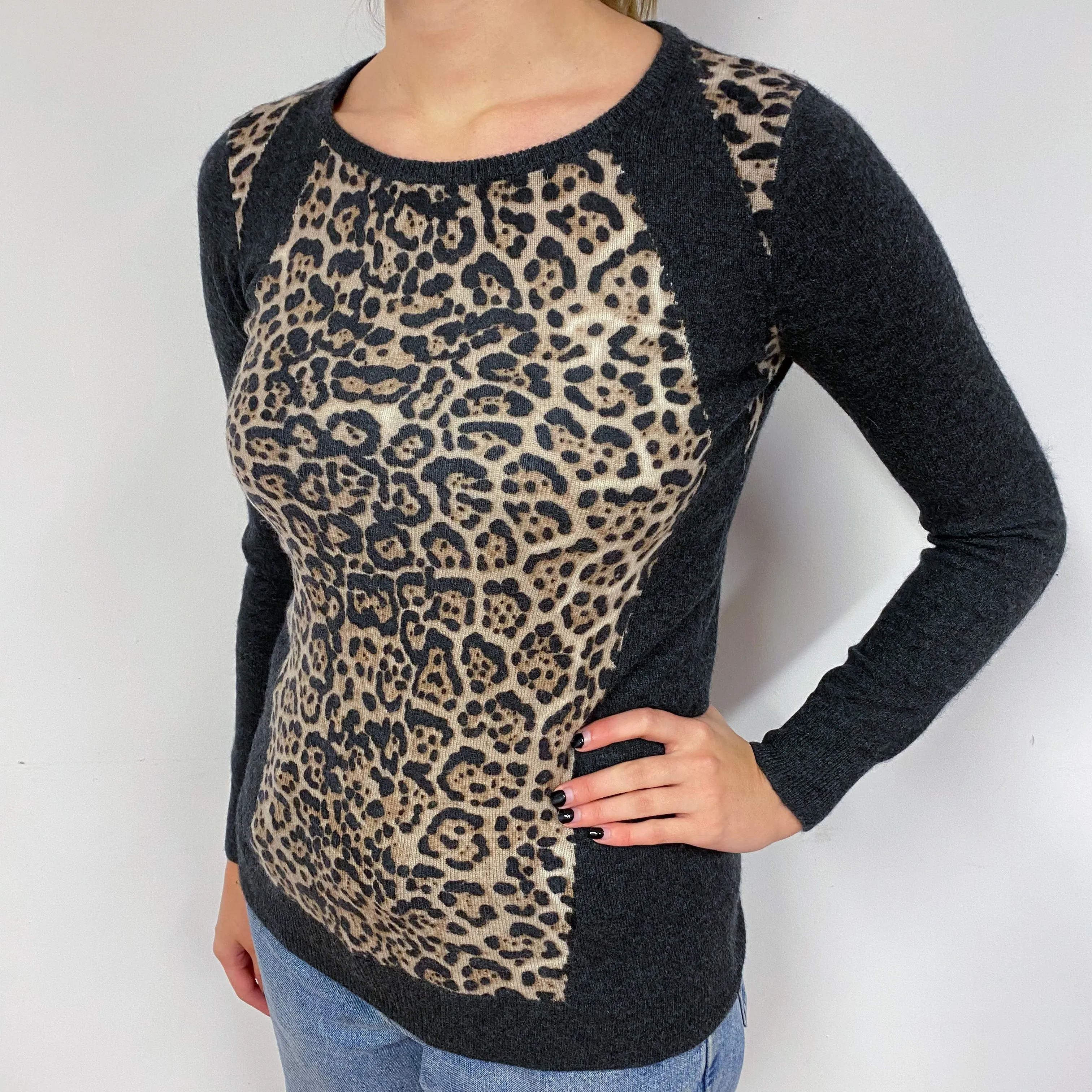 Leopard Print Brown and Charcoal Grey Cashmere Crew Neck Jumper Small