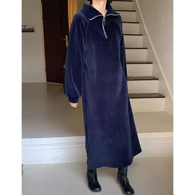 Long-Sleeve Half-Zip Plain Ribbed Maxi Sweater Dress