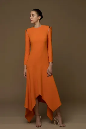 Long-Sleeved Flared Midi Dress with Zippers