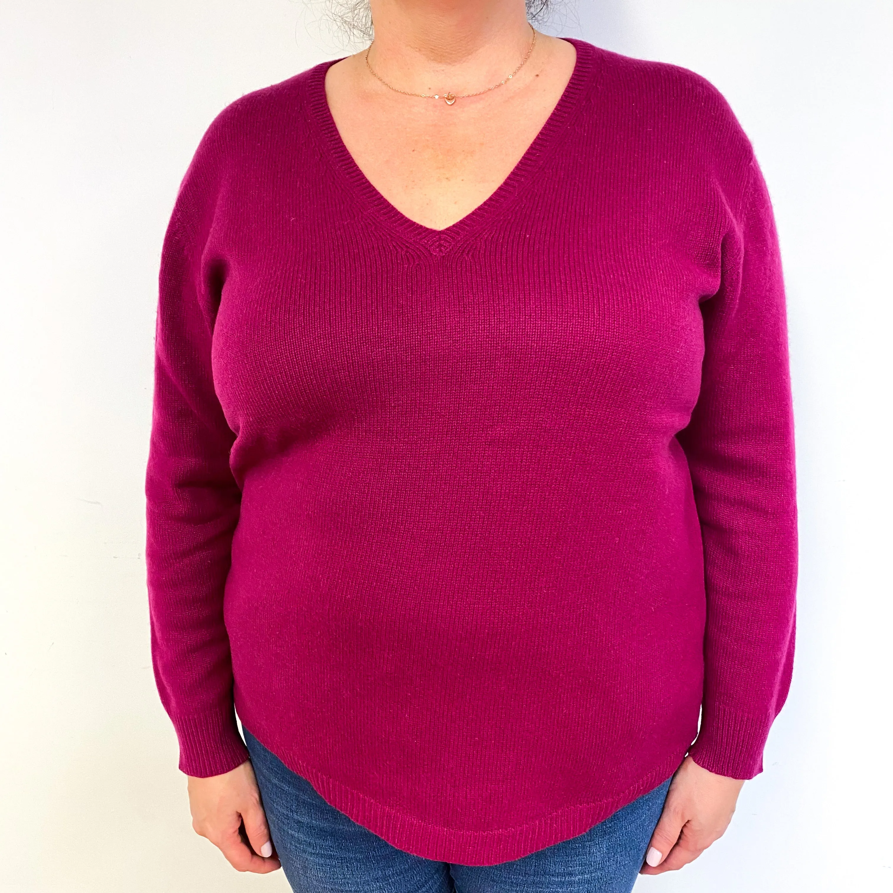 Magenta Purple Cashmere V-Neck Jumper Extra Large