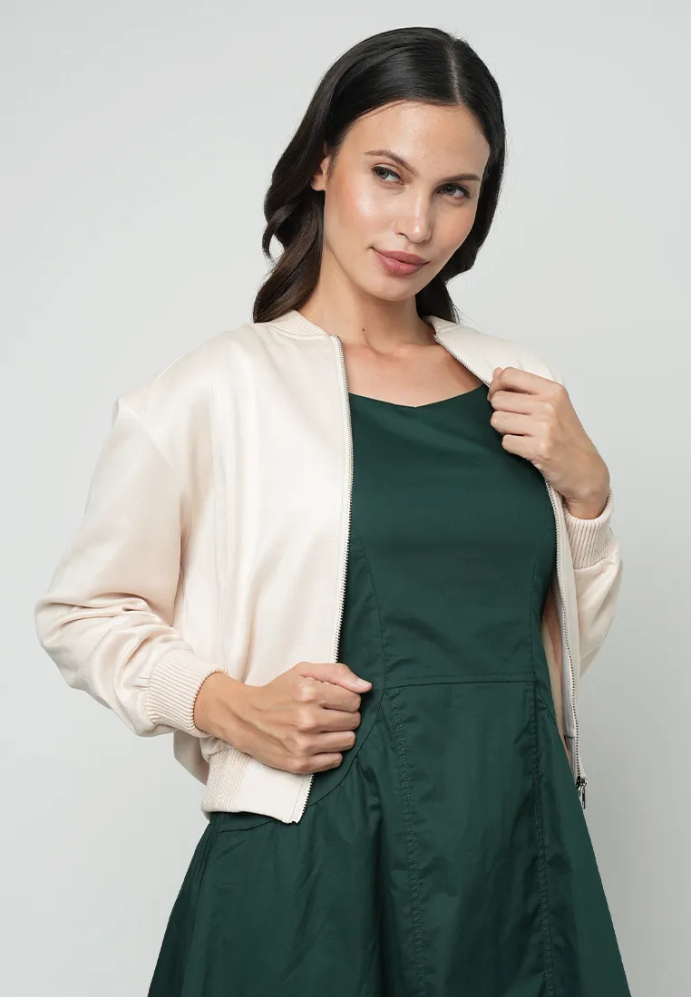 Maizie Classic Bomber Jacket with Silver hardware Zipper as a Front Opening