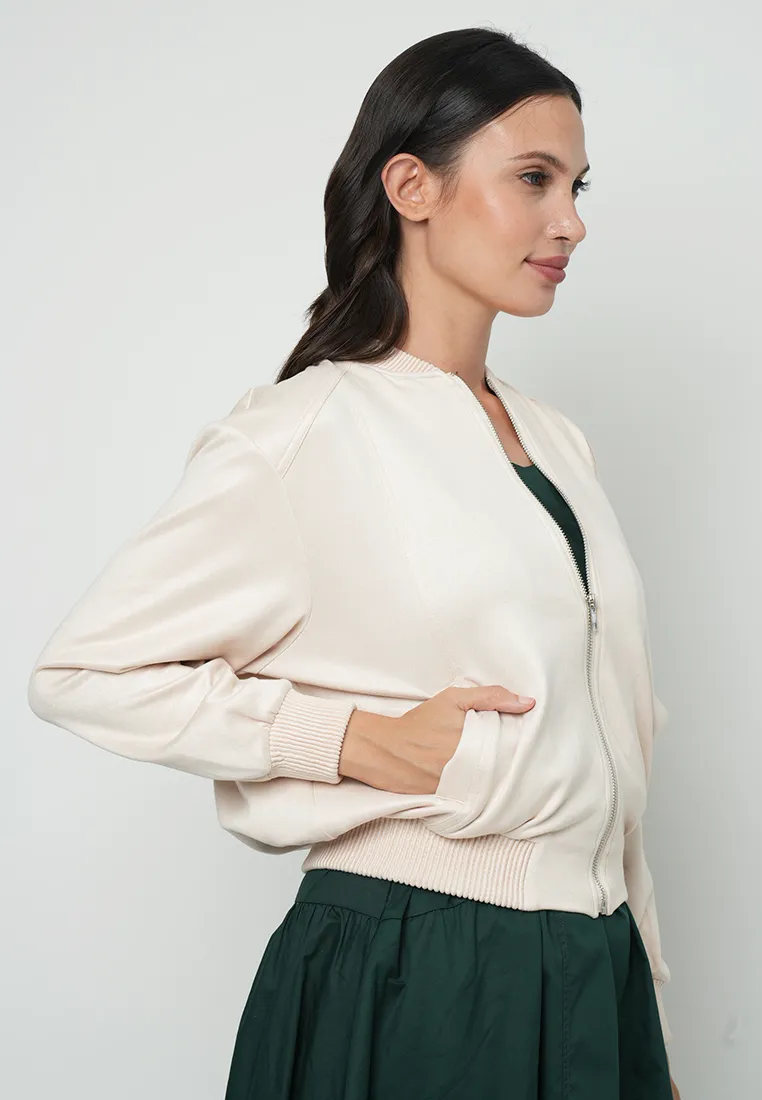 Maizie Classic Bomber Jacket with Silver hardware Zipper as a Front Opening