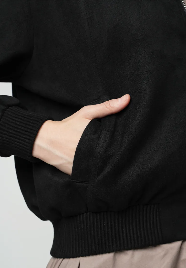 Maizie Classic Bomber Jacket with Silver hardware Zipper as a Front Opening