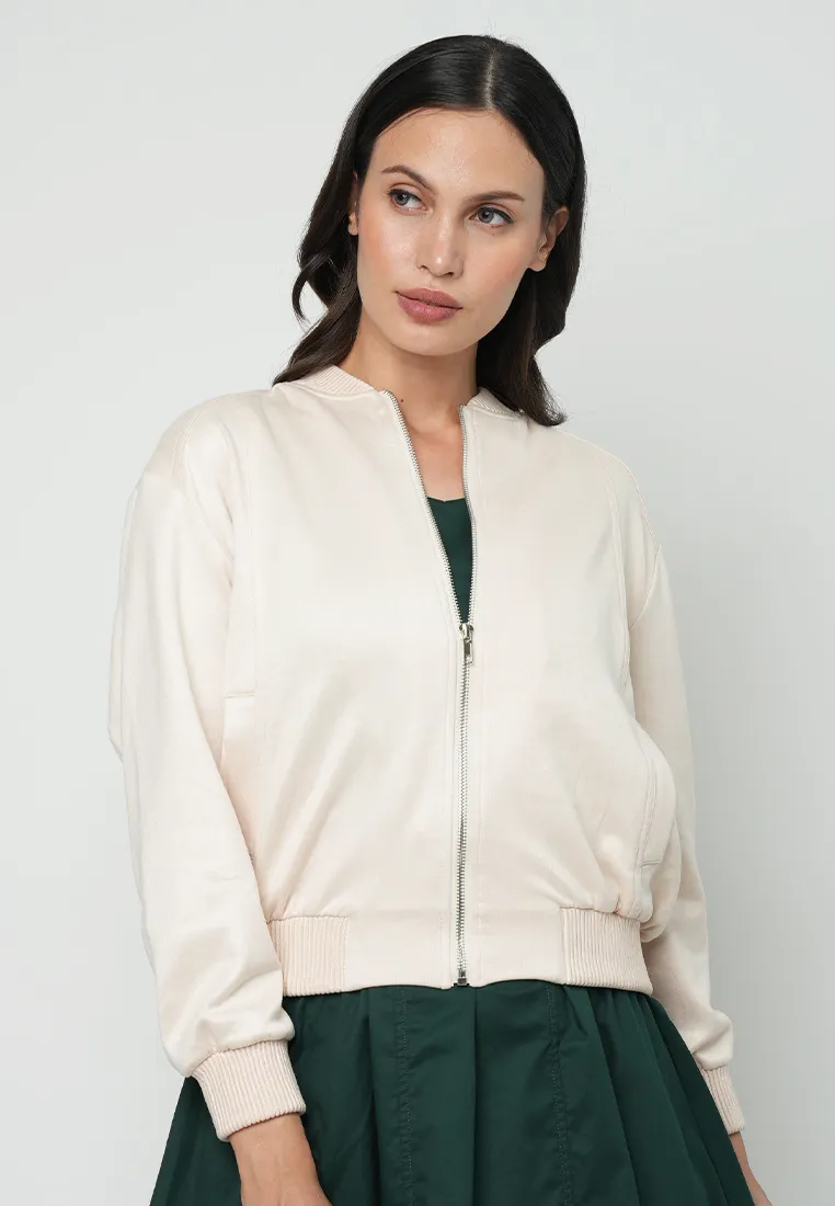 Maizie Classic Bomber Jacket with Silver hardware Zipper as a Front Opening