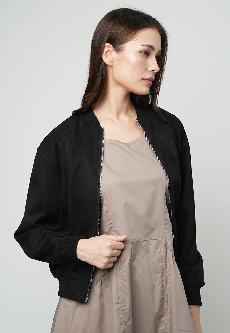 Maizie Classic Bomber Jacket with Silver hardware Zipper as a Front Opening