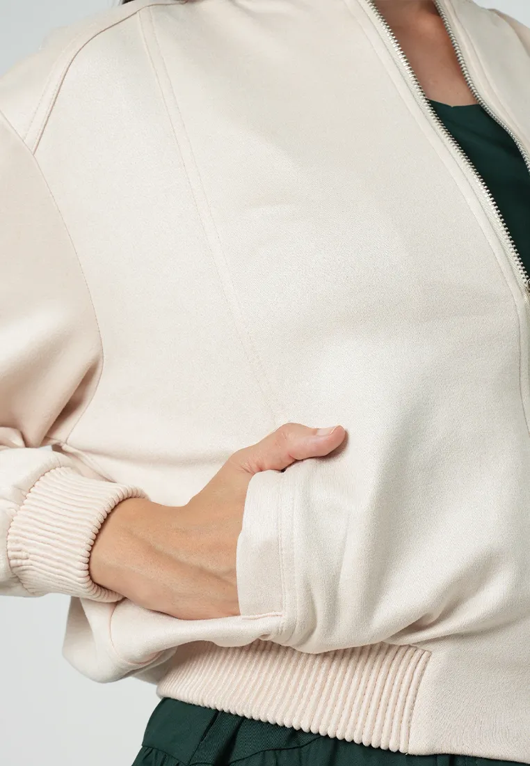 Maizie Classic Bomber Jacket with Silver hardware Zipper as a Front Opening