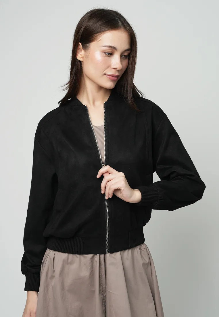 Maizie Classic Bomber Jacket with Silver hardware Zipper as a Front Opening