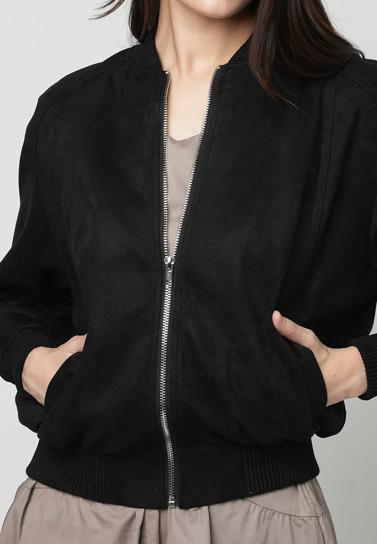 Maizie Classic Bomber Jacket with Silver hardware Zipper as a Front Opening