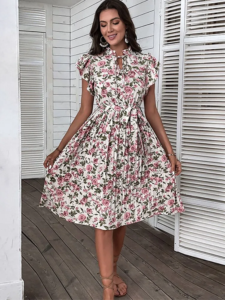 Marilyn Vintage Floral Print Pleated Midi Dress