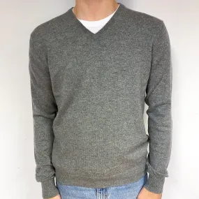 Men's Ash Grey Cashmere V-Neck Jumper Large