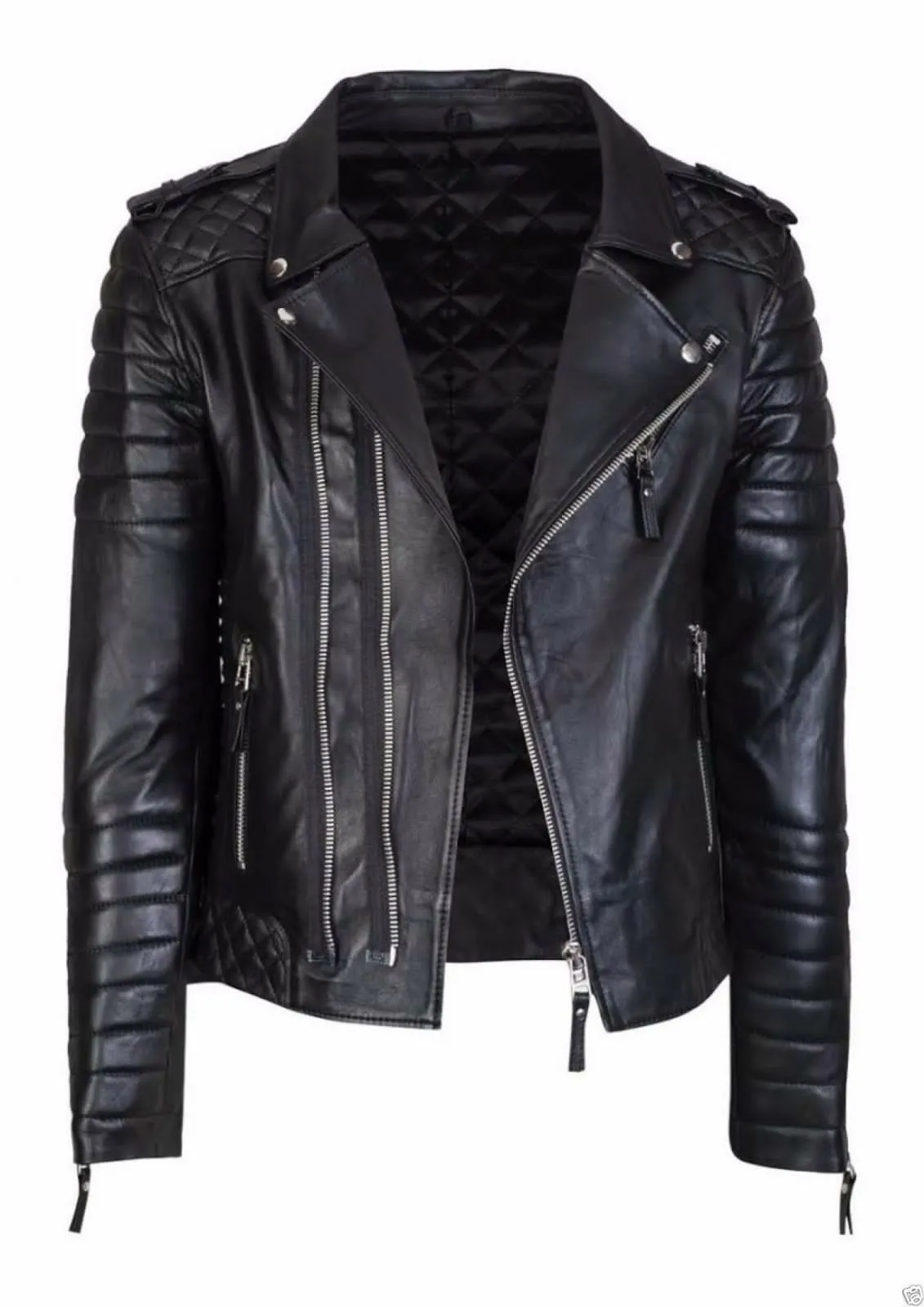 Men's Slim Fit Genuine Leather Quilted Biker Jacket