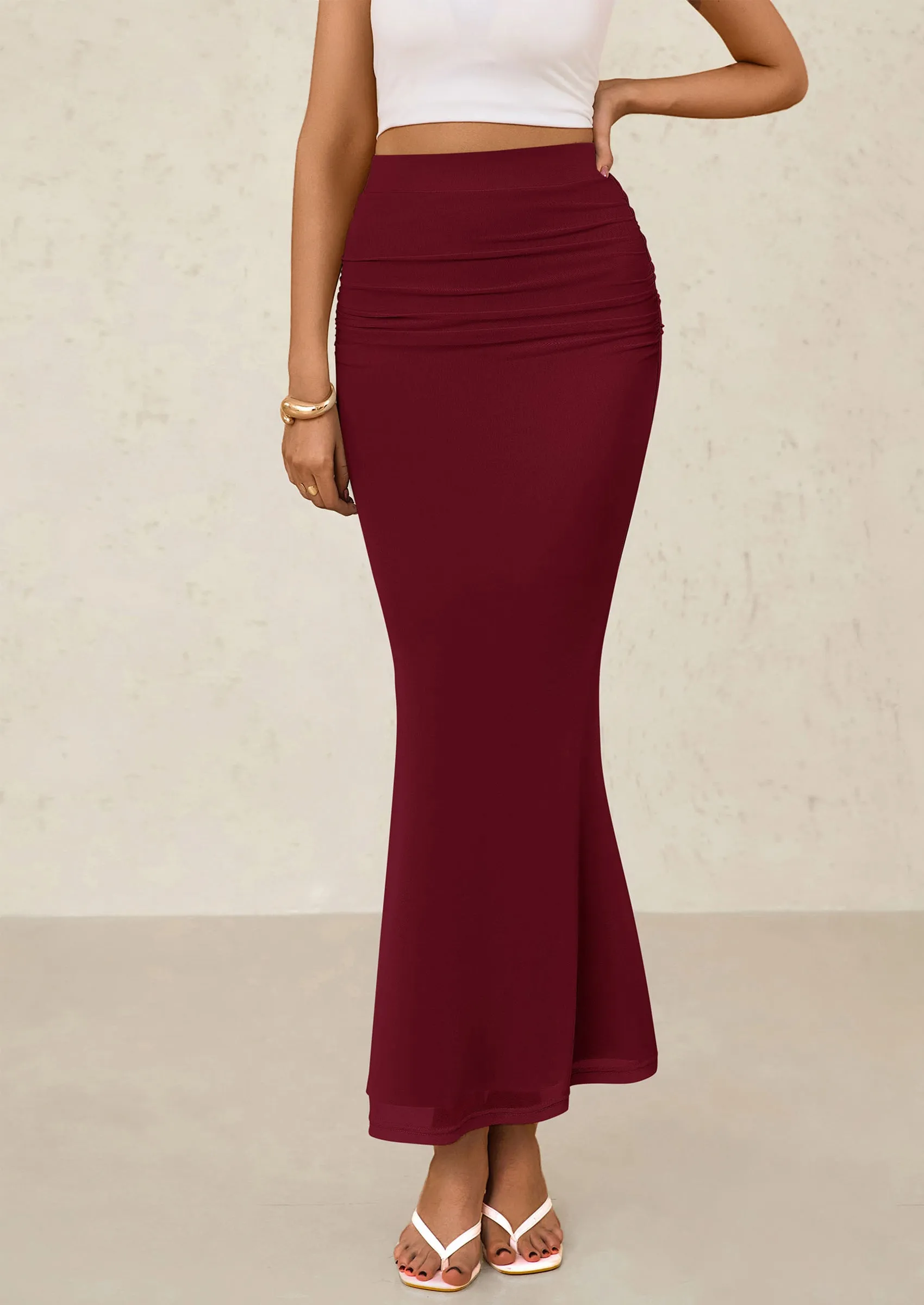 Mermaid Bodycon Trendy Casual High Waisted Ruffle Ruched Long Mesh Skirts
