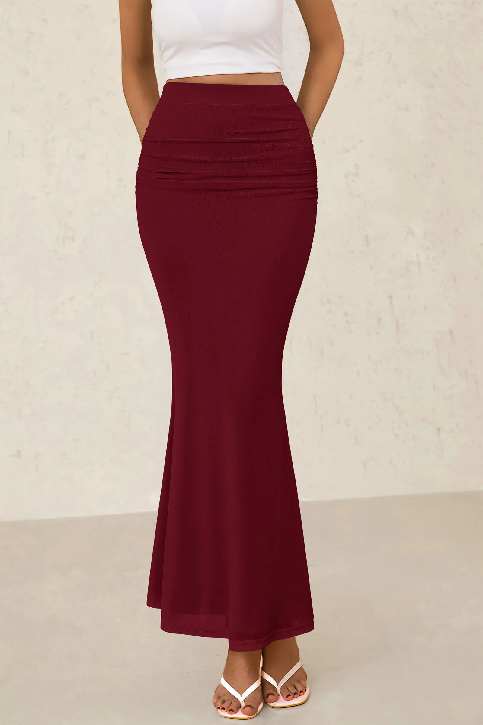 Mermaid Bodycon Trendy Casual High Waisted Ruffle Ruched Long Mesh Skirts