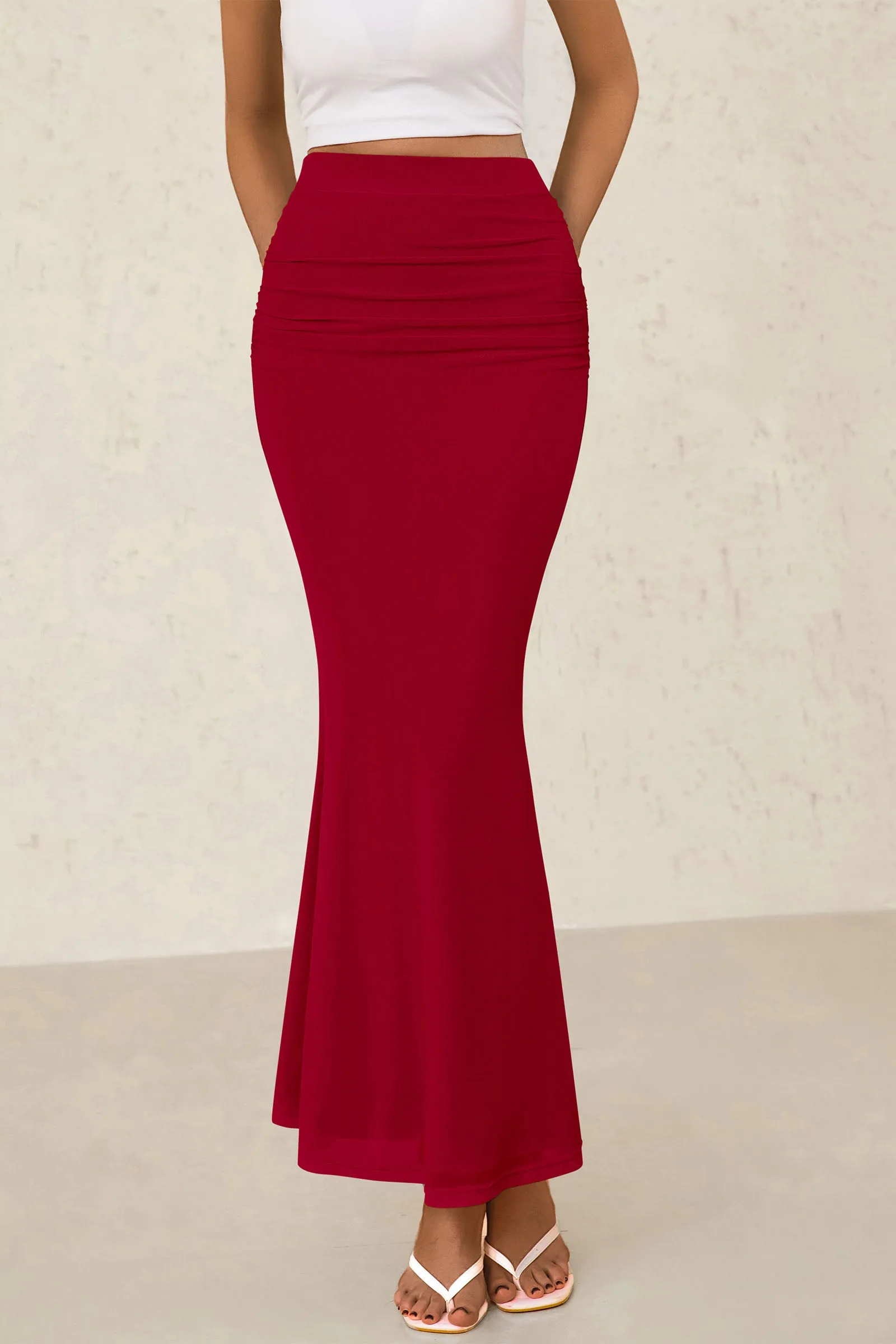 Mermaid Bodycon Trendy Casual High Waisted Ruffle Ruched Long Mesh Skirts