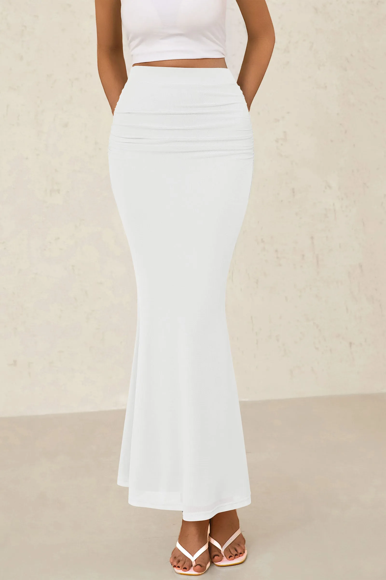 Mermaid Bodycon Trendy Casual High Waisted Ruffle Ruched Long Mesh Skirts