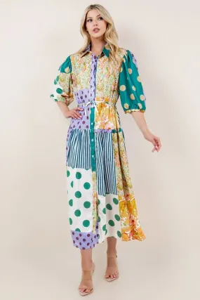 Multi Patchwork Print Short Sleeve Button Down Dress