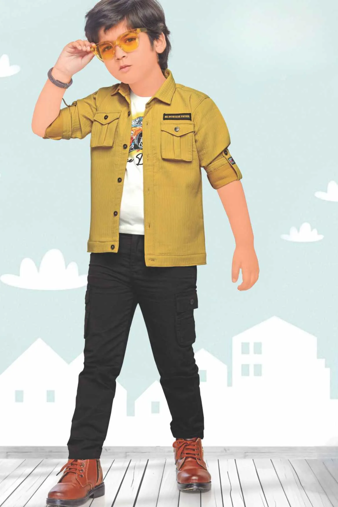 Mustard Overcoat With White Shirt And Pant Set For Boys