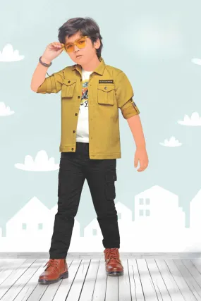 Mustard Overcoat With White Shirt And Pant Set For Boys