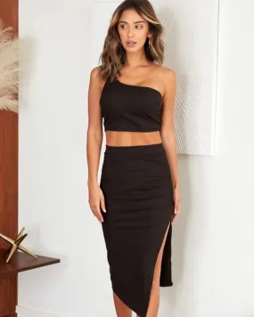 Nia Black Ribbed 2 PC Skirt Set