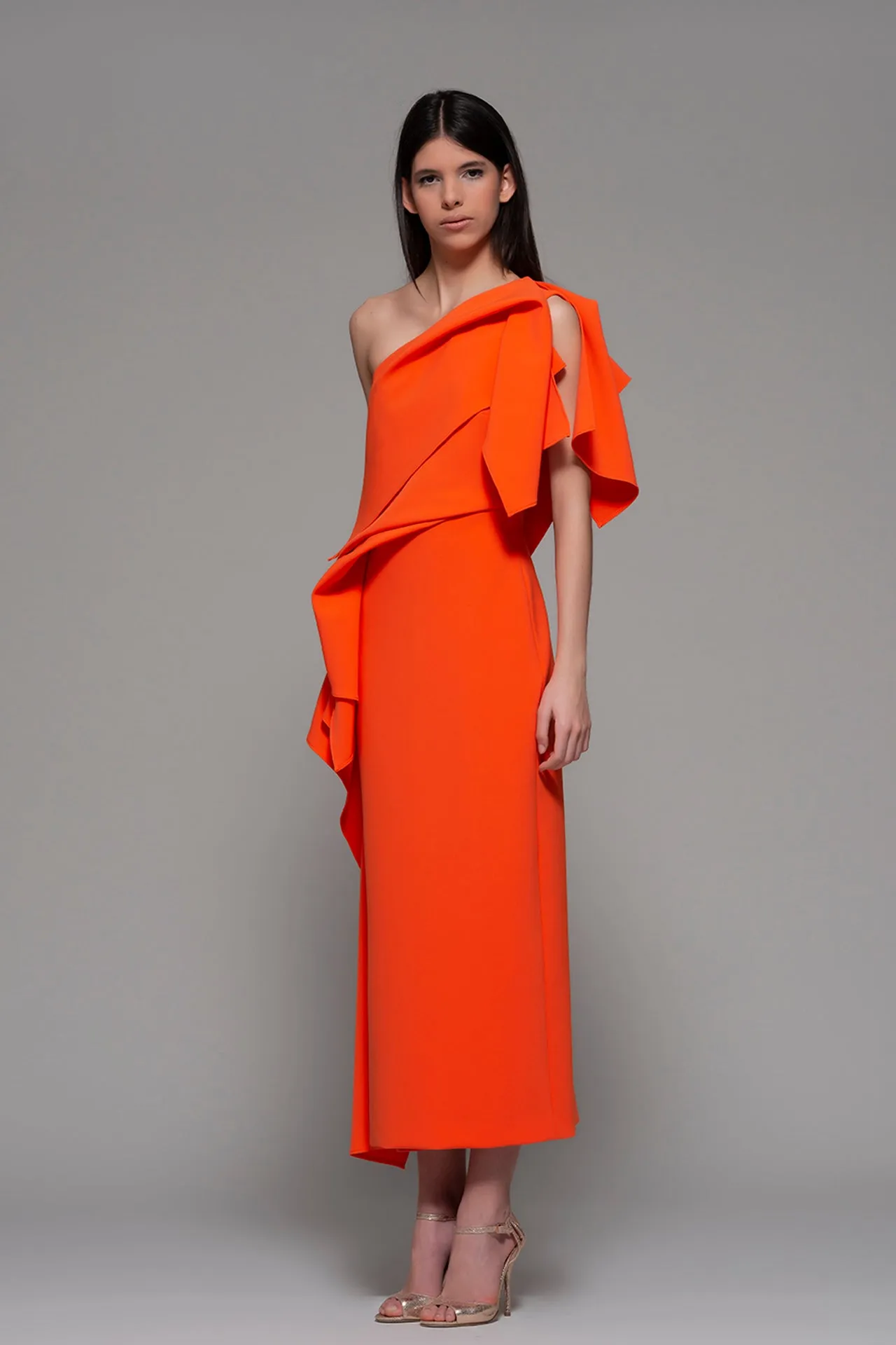 One-Shoulder Midi Dress with Side Peplum