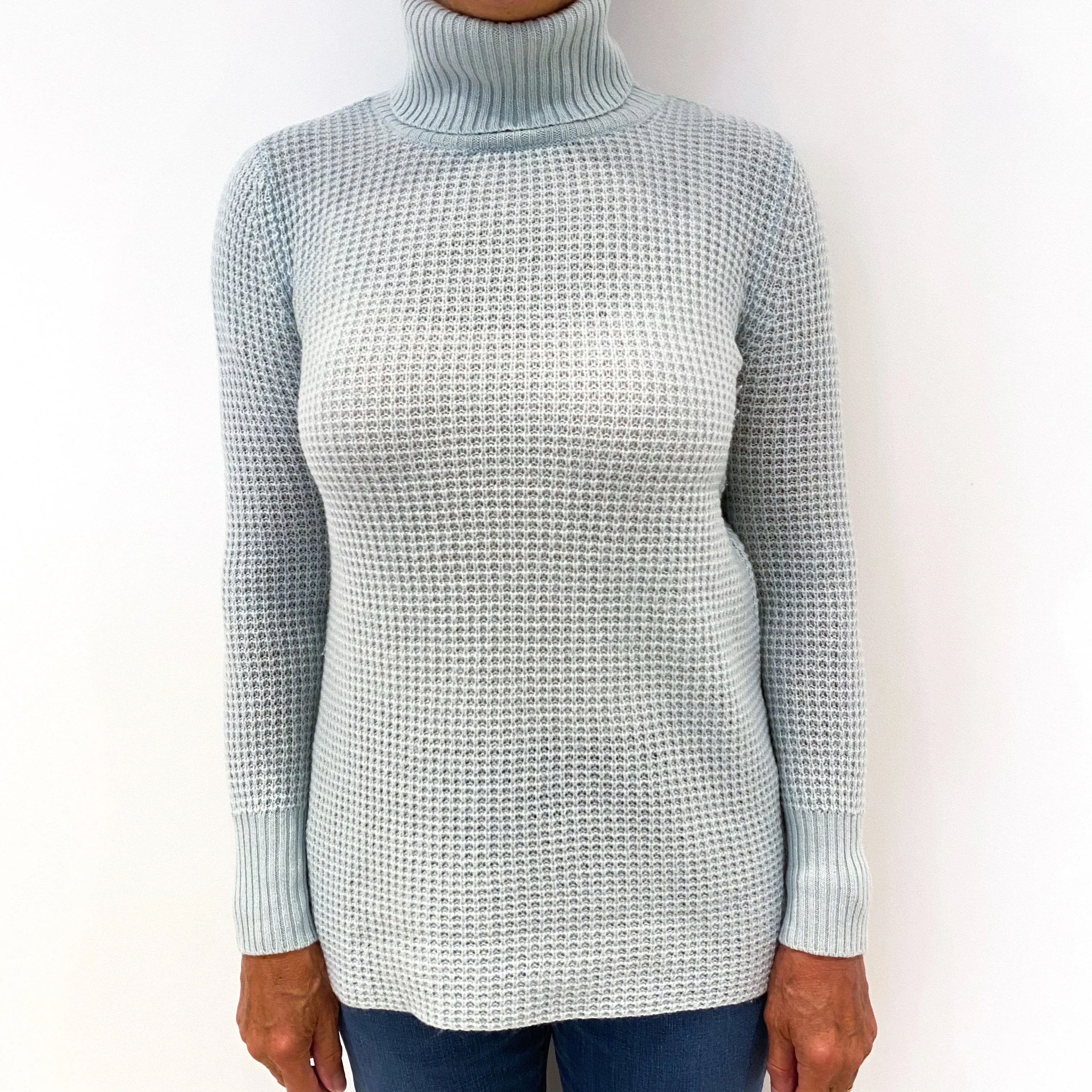 Opal Green Waffle Cashmere Polo Neck Jumper Medium
