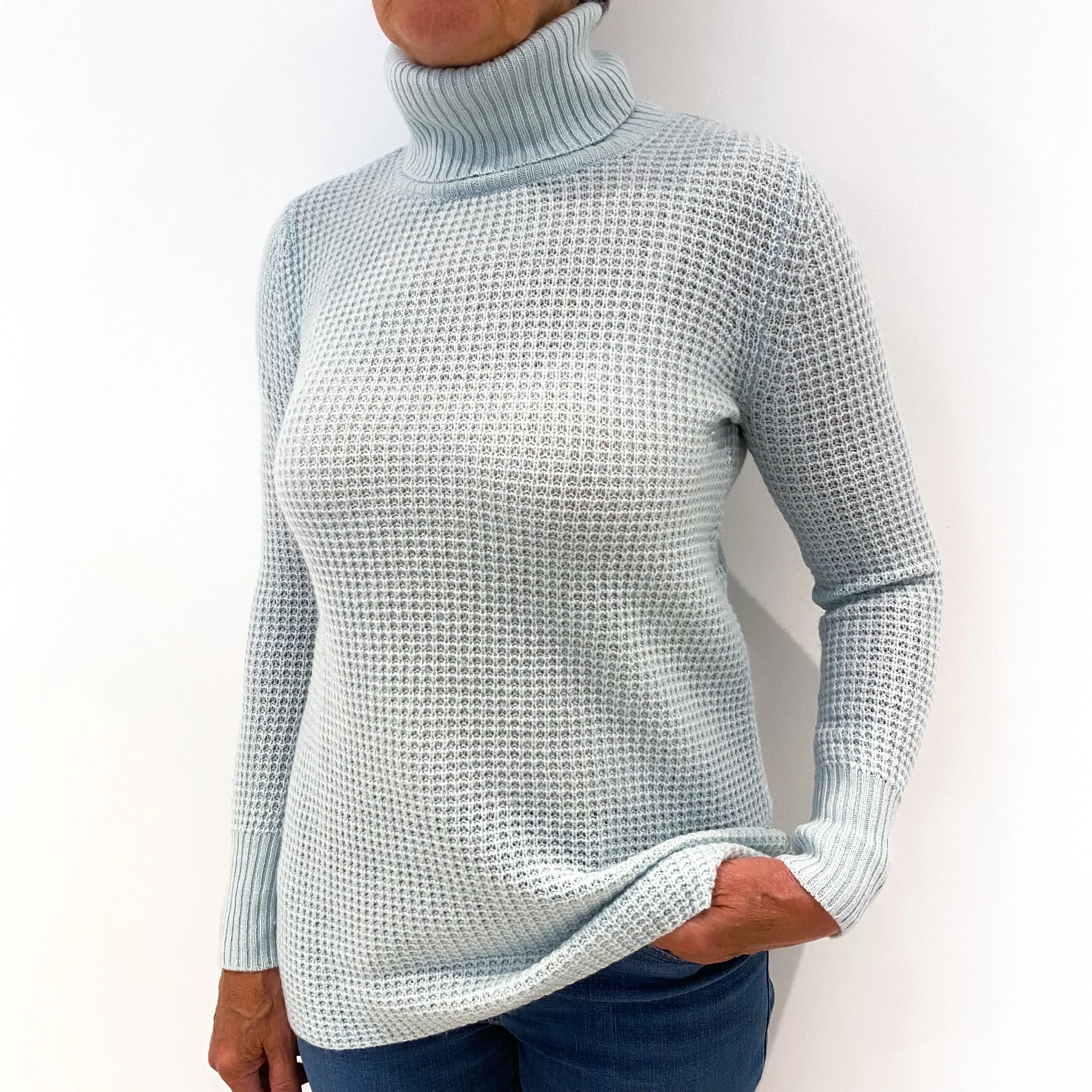Opal Green Waffle Cashmere Polo Neck Jumper Medium