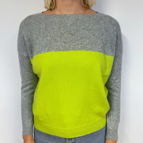 Pale Grey and Lime Green Cashmere Crew Neck Jumper Small