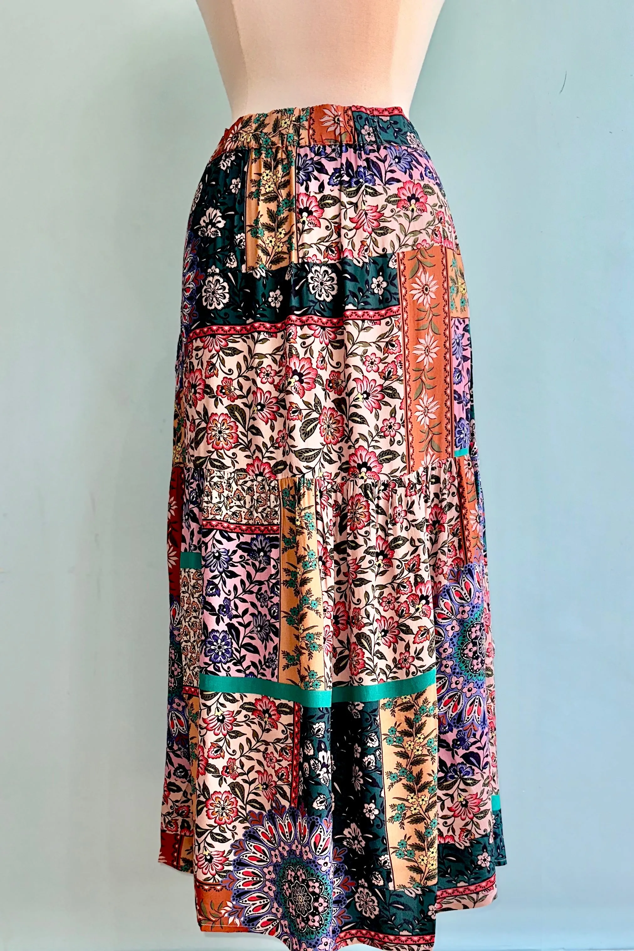 Patchwork Floral Elastic Waist Midi Skirt by Molly Bracken