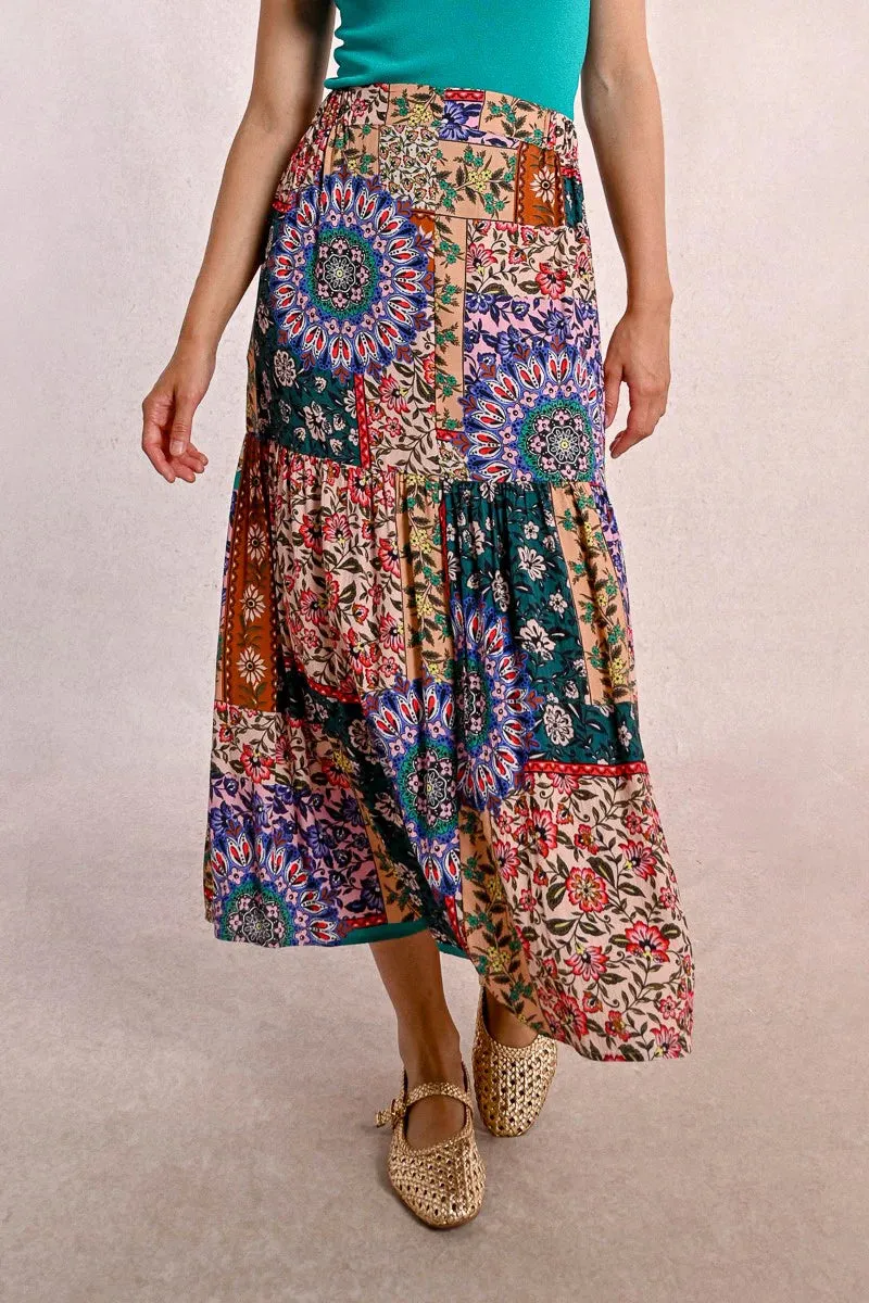 Patchwork Floral Elastic Waist Midi Skirt by Molly Bracken