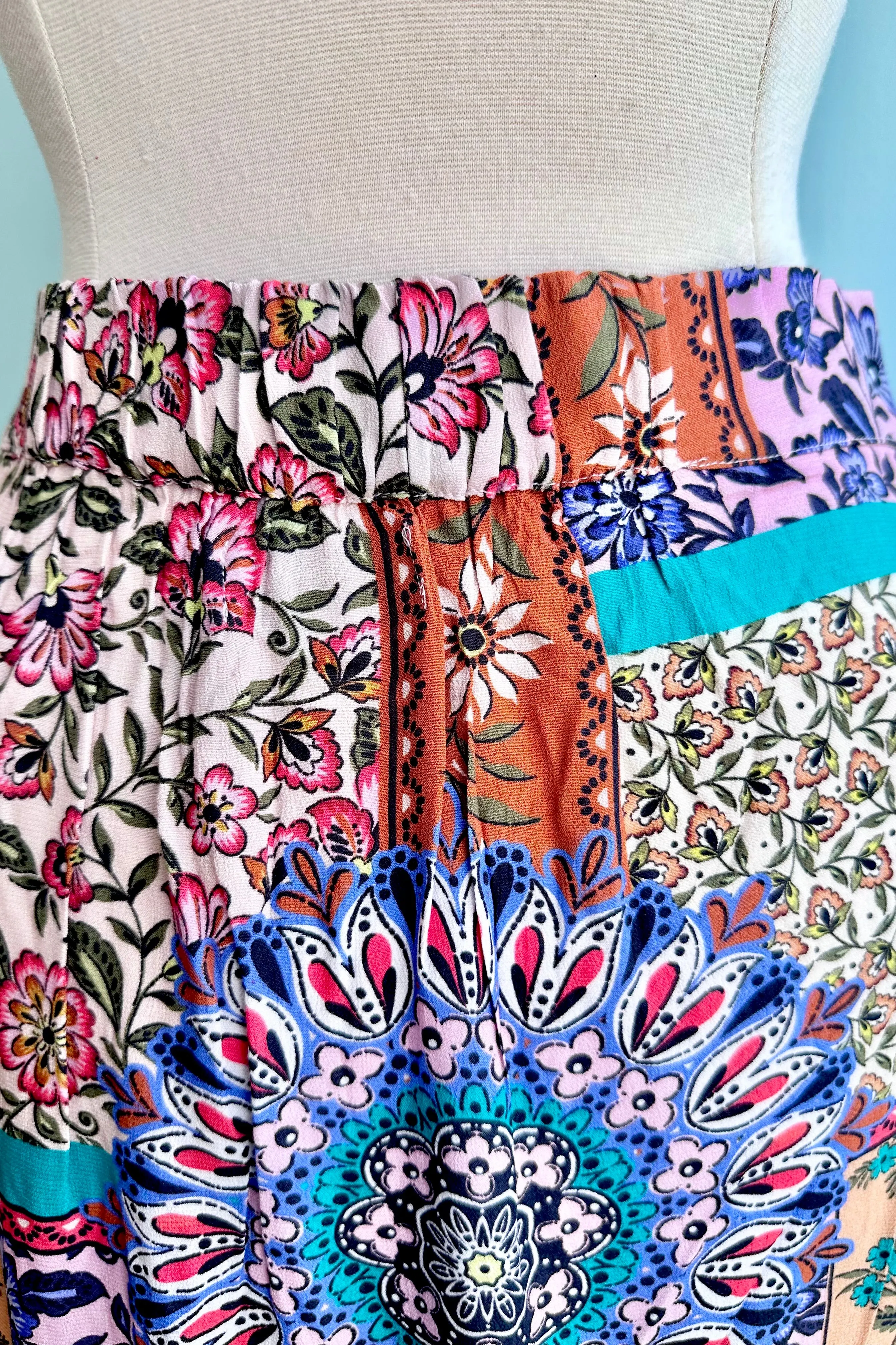 Patchwork Floral Elastic Waist Midi Skirt by Molly Bracken