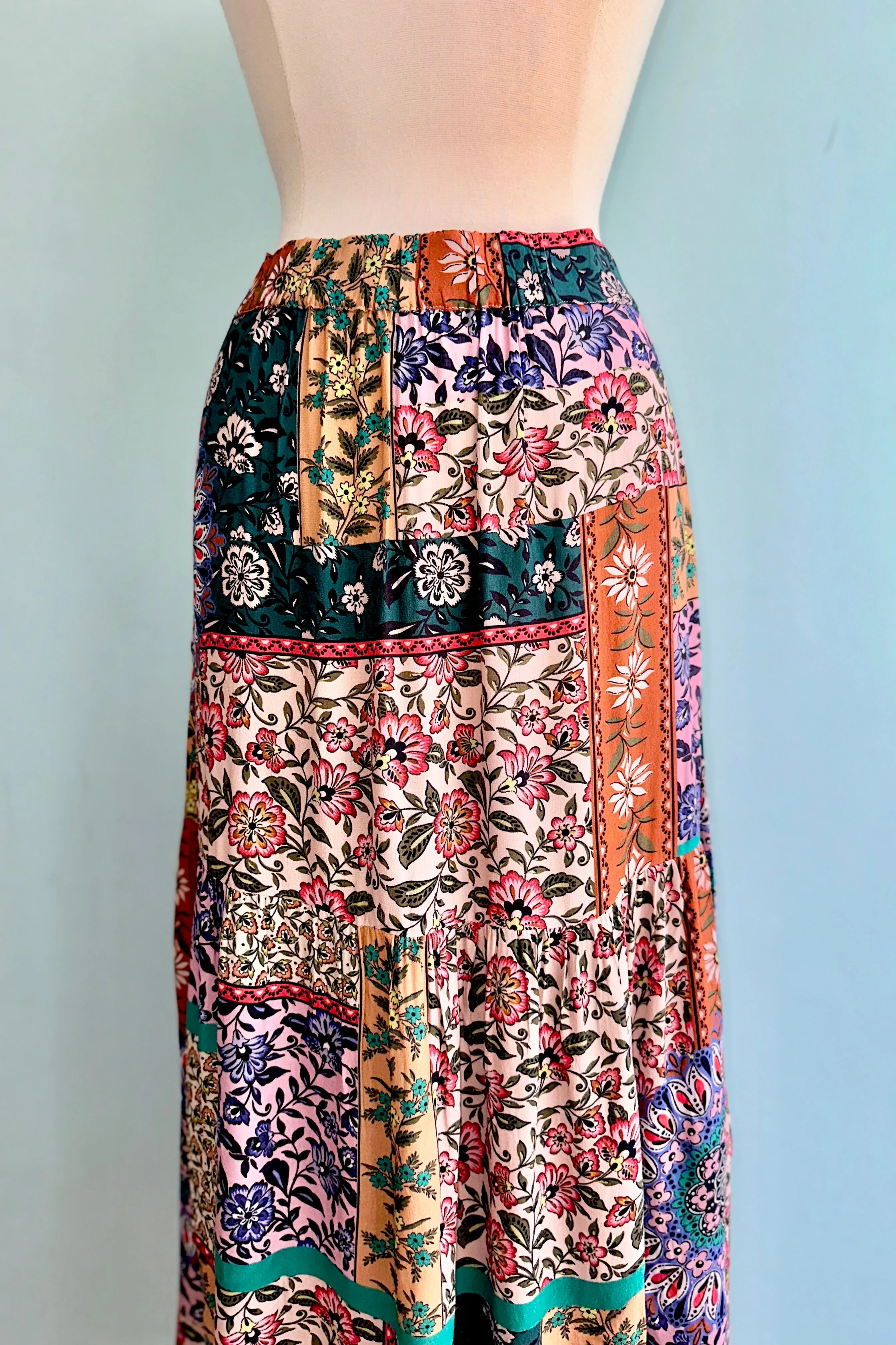 Patchwork Floral Elastic Waist Midi Skirt by Molly Bracken