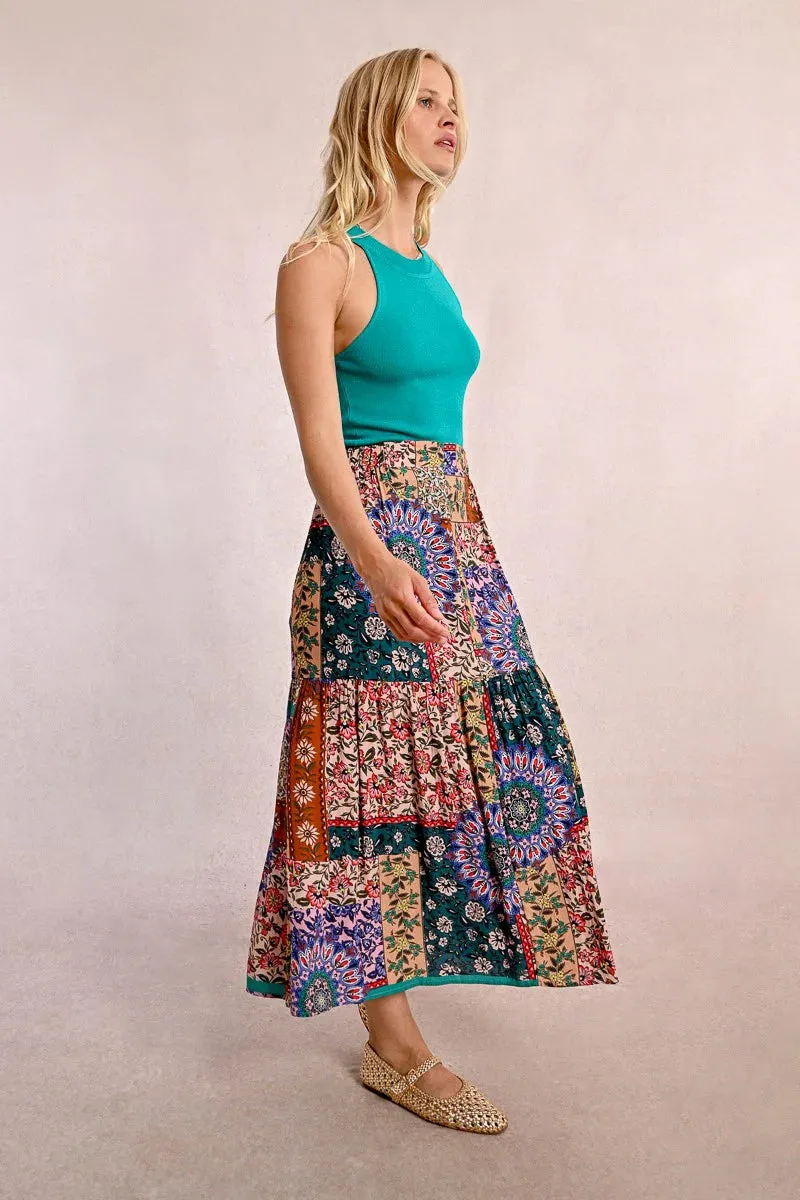 Patchwork Floral Elastic Waist Midi Skirt by Molly Bracken