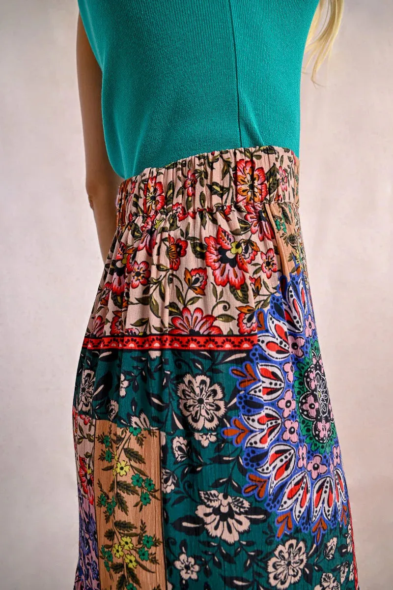 Patchwork Floral Elastic Waist Midi Skirt by Molly Bracken