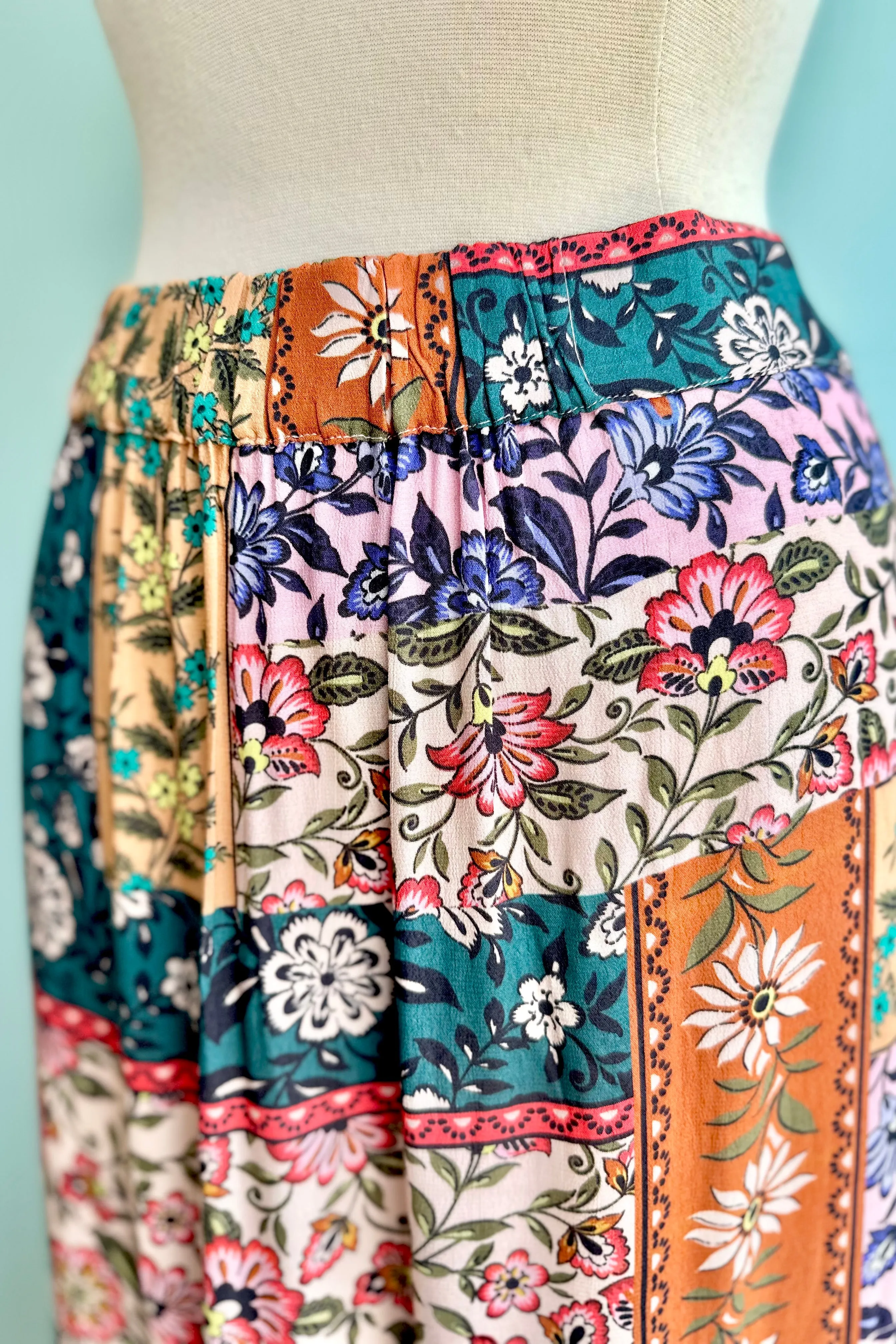 Patchwork Floral Elastic Waist Midi Skirt by Molly Bracken