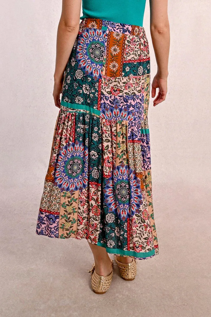 Patchwork Floral Elastic Waist Midi Skirt by Molly Bracken