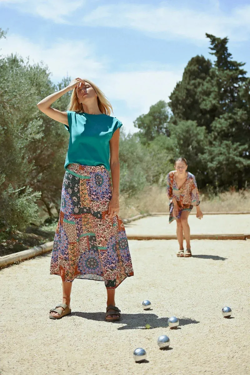Patchwork Floral Elastic Waist Midi Skirt by Molly Bracken