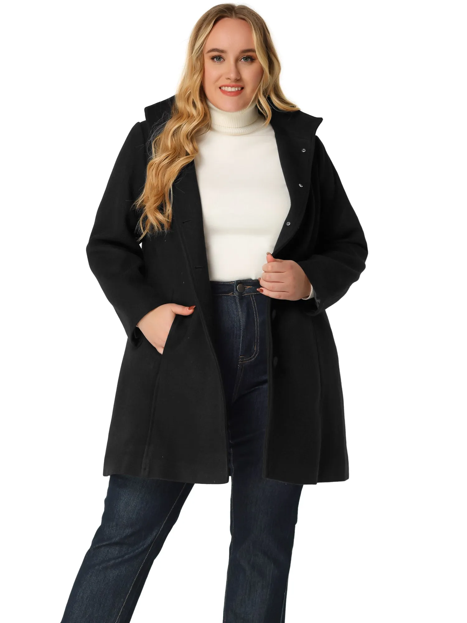 Plus Size Single Breasted Winter Pea Trench Coat Detachable Hooded Overcoat