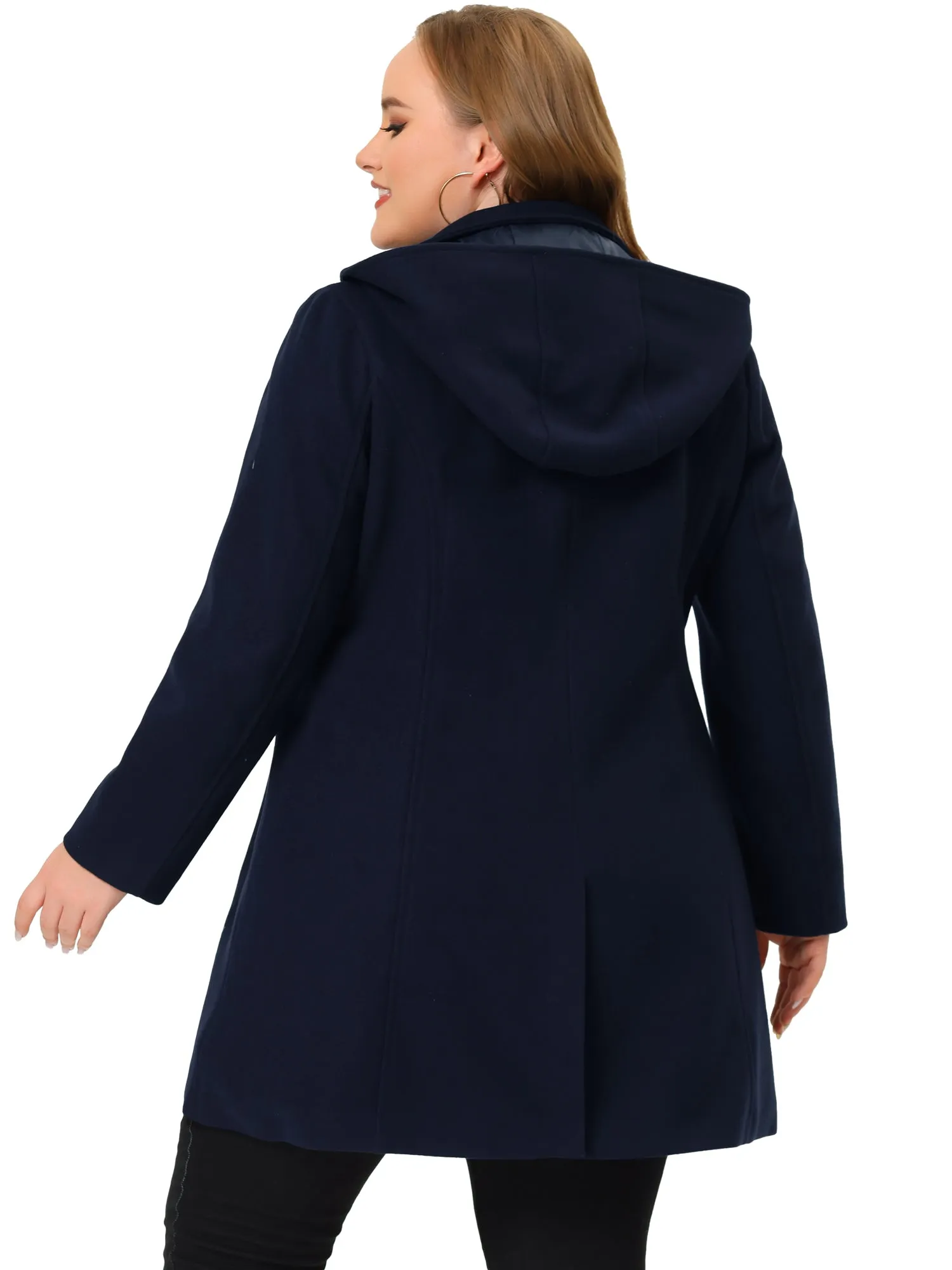 Plus Size Single Breasted Winter Pea Trench Coat Detachable Hooded Overcoat