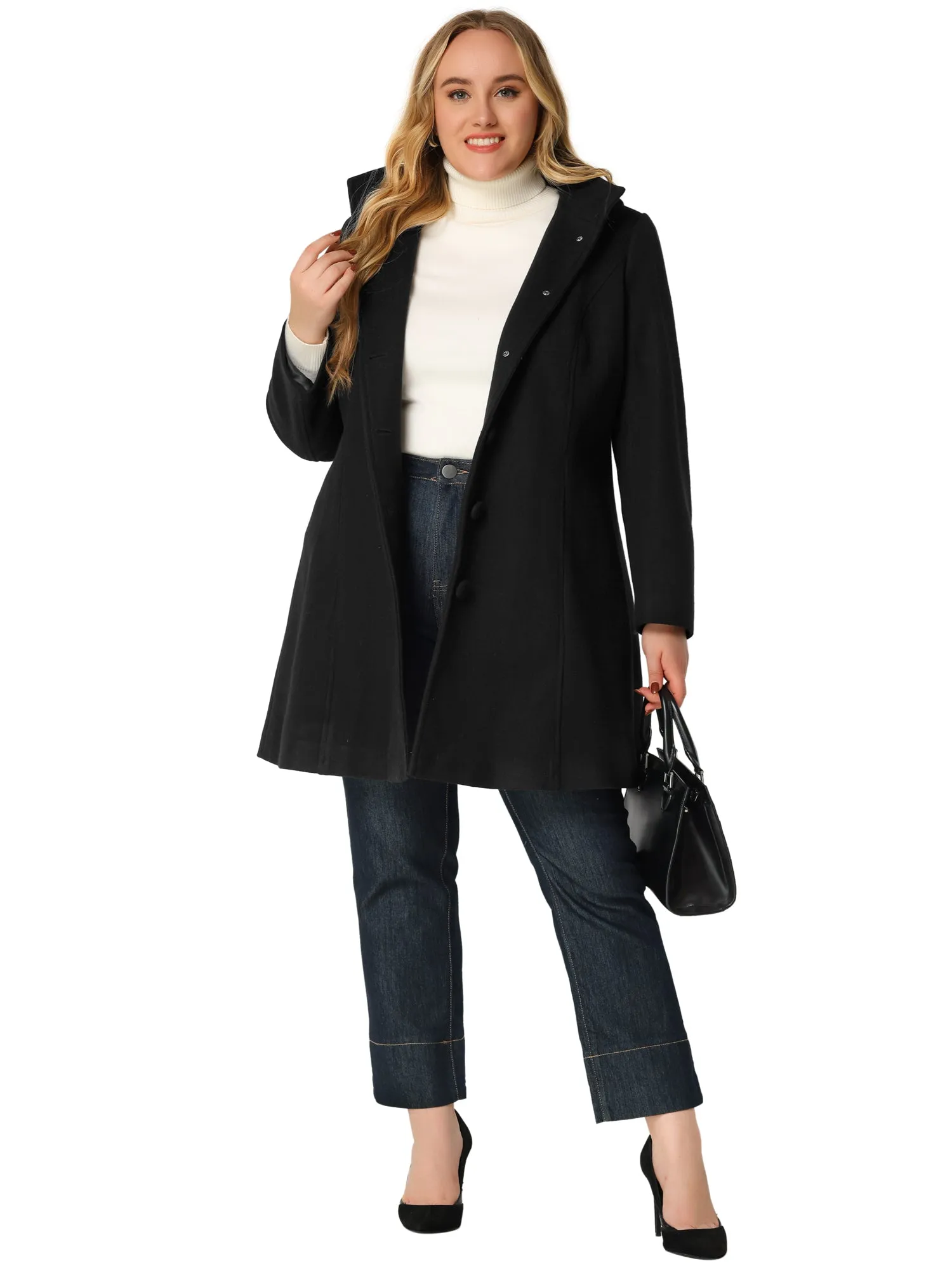 Plus Size Single Breasted Winter Pea Trench Coat Detachable Hooded Overcoat