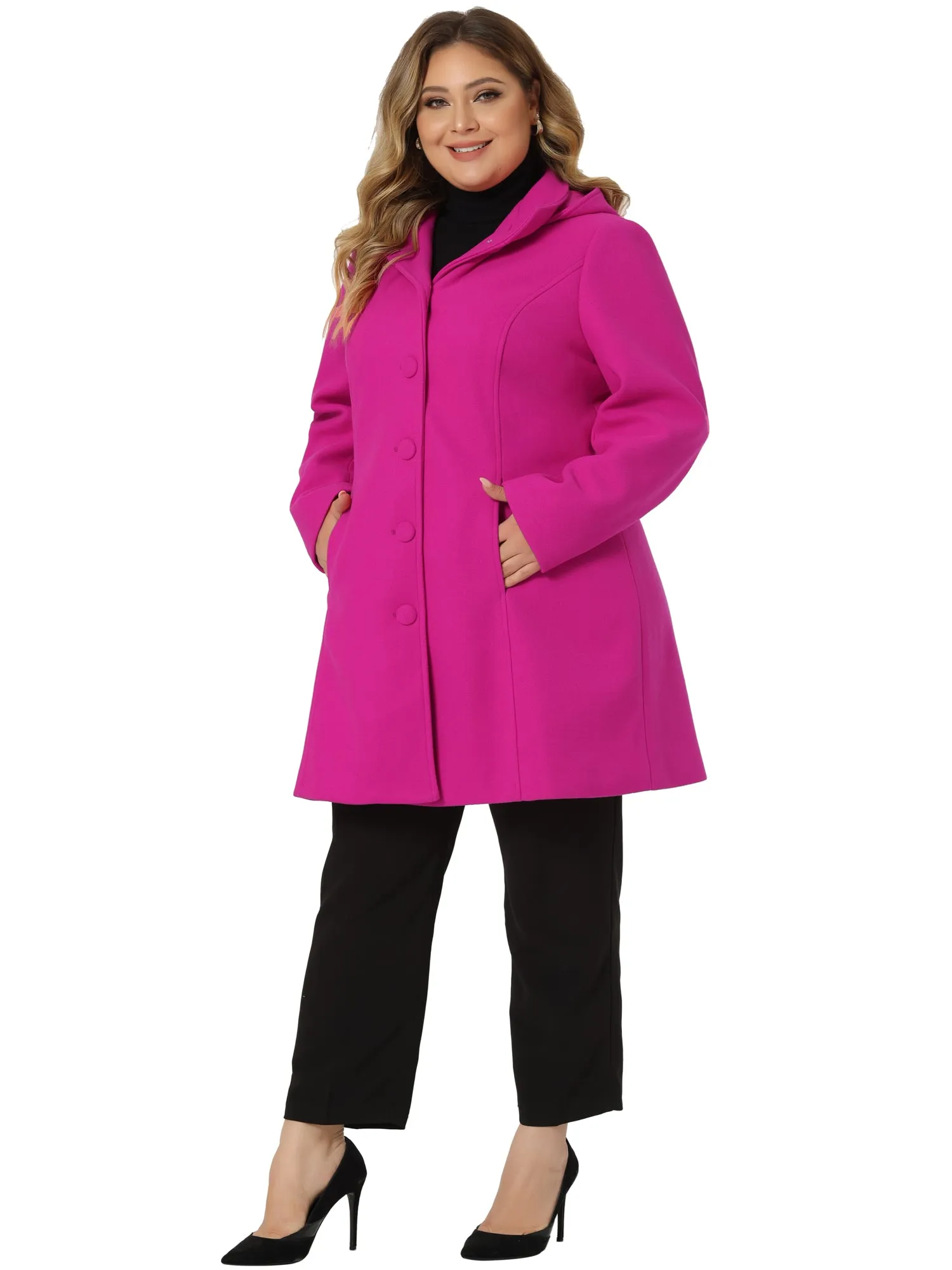 Plus Size Single Breasted Winter Pea Trench Coat Detachable Hooded Overcoat