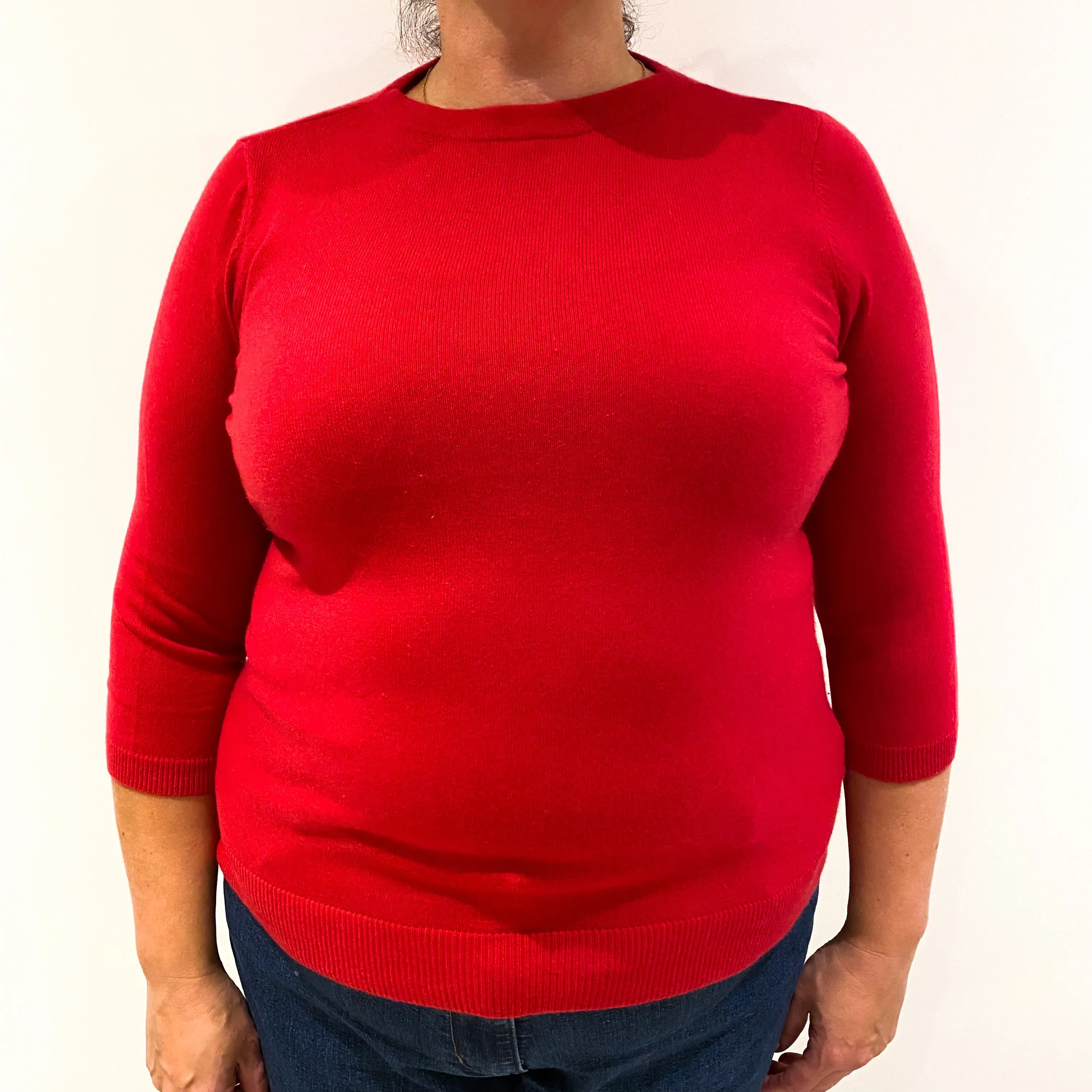 Postbox Red 3/4 Sleeve Cashmere Crew Neck Jumper Extra Large